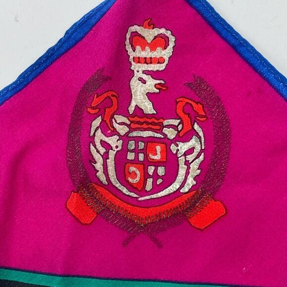 Vintage LIZ CLAIBORNE Silk Scarf Red Pink Blue Polka Dot Stripes Crest Square - Picture 8 of 11